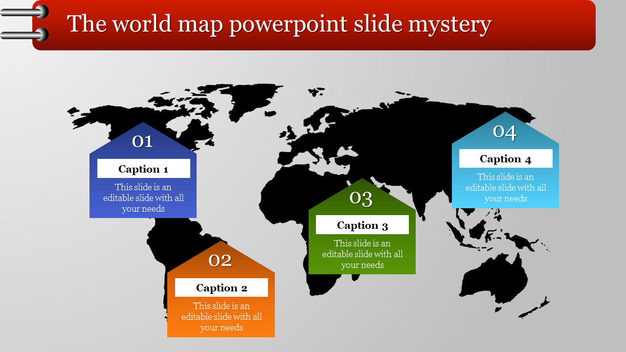 World map in black on a light gray background with four colorful house shaped markers in purple, orange, green, and blue.