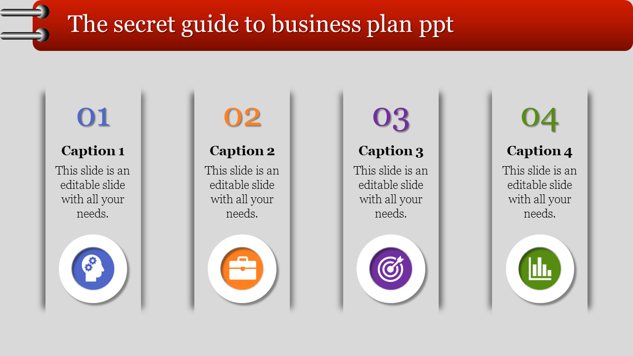Business plan guide slide featuring four segments with numbered labels, descriptive captions, and visual icons.