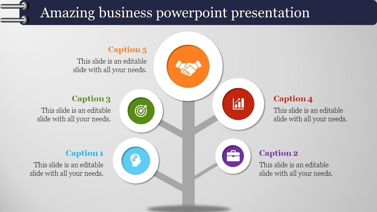 Business PowerPoint template featuring a tree diagram with icons for collaboration, target, analytics, and tools.