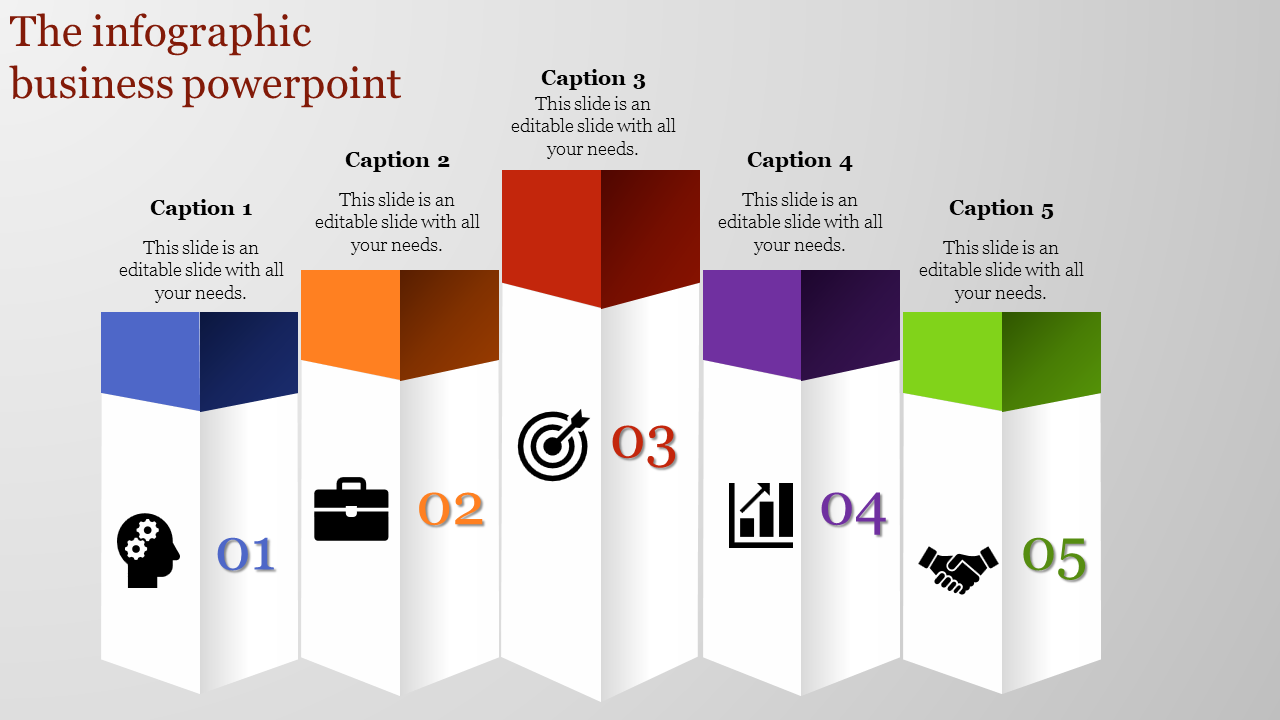 Infographic columns in blue, orange, red, purple, and green with icons and numbers on a gray gradient background.