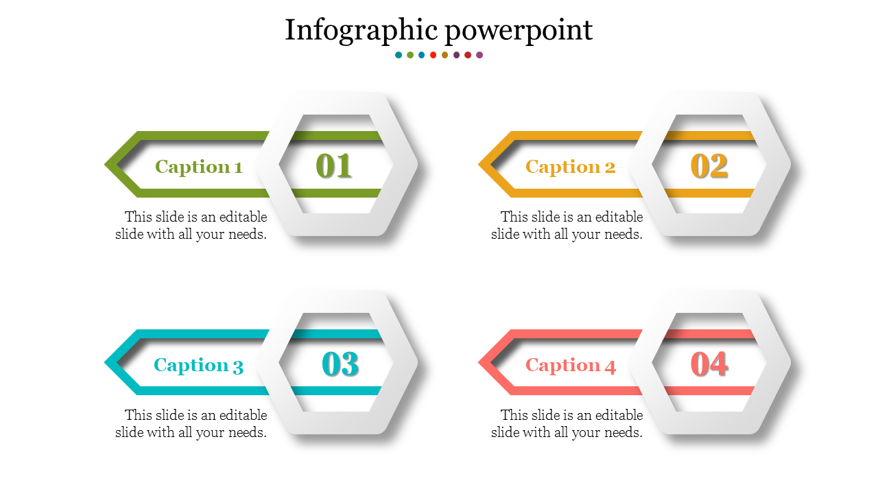 Colorful infographic with arrows and hexagonal shapes, presenting four numbered captions on a white background.