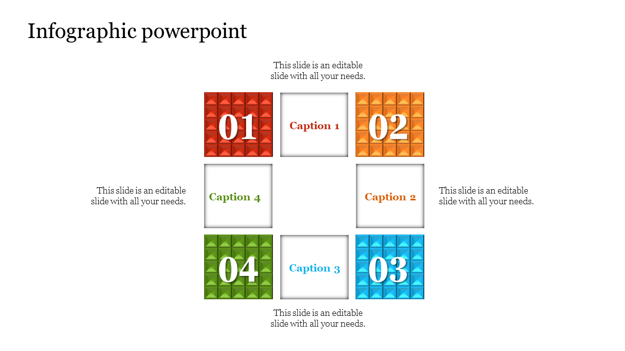Infographic with four textured squares in red, orange, green, and blue, each displaying numbers 01 to 04 and captions.