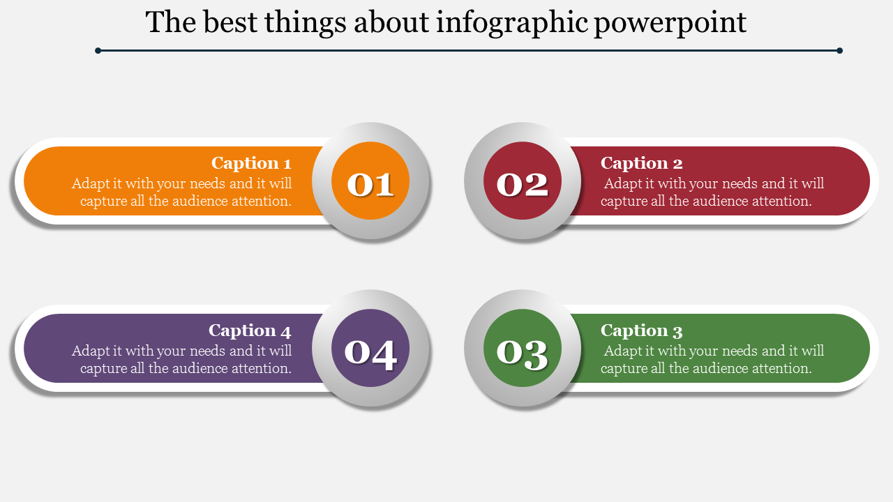 Horizontal infographic layout in orange, red, green, and purple, each numbered 01 to 04 with captions areas.