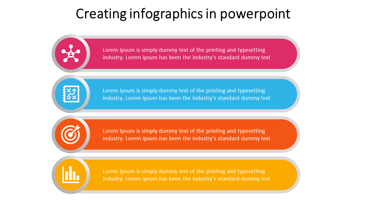 Creating infographics in PowerPoint with four colorful icons representing network, strategy, target, and data analysis.