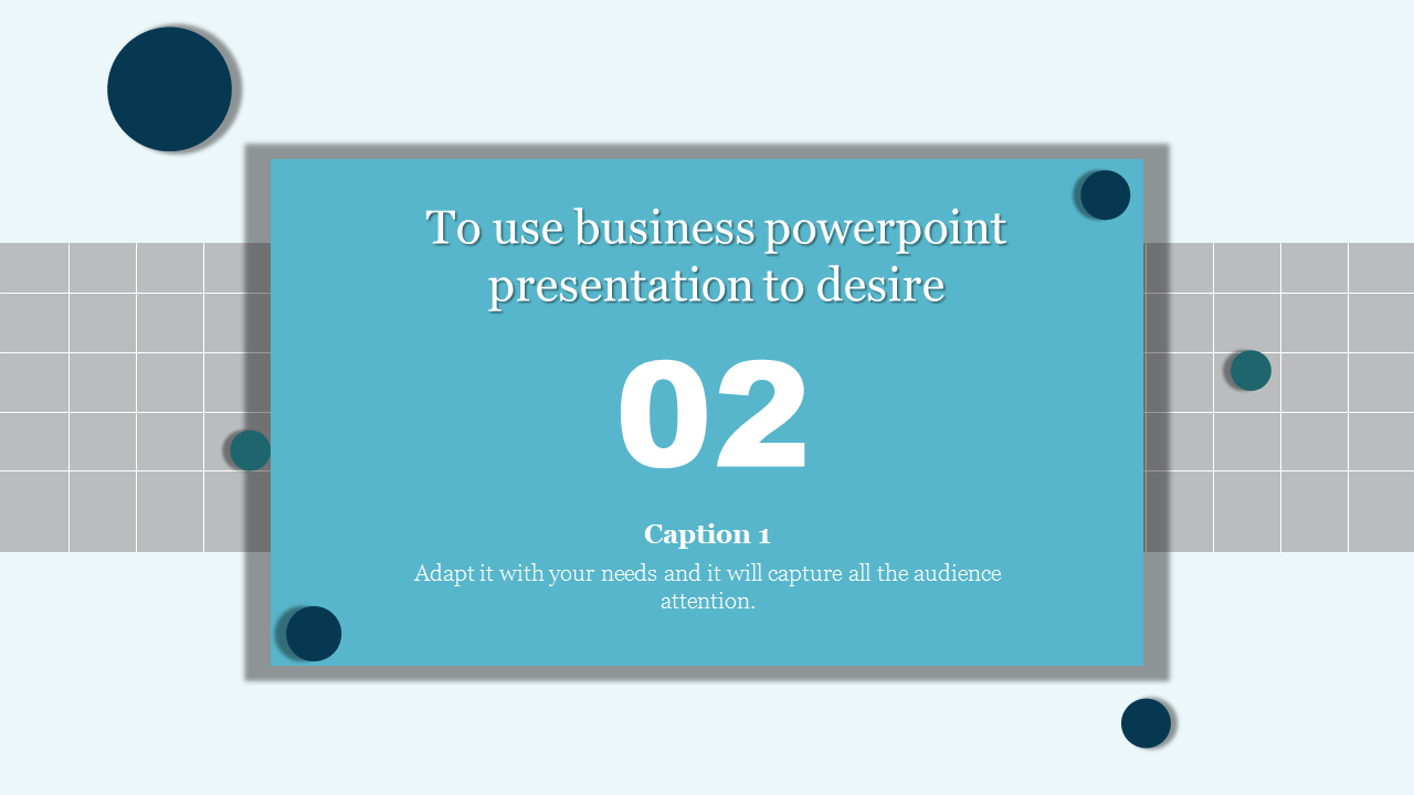Business PowerPoint presentation slide with grid background, large blue box, and caption section.