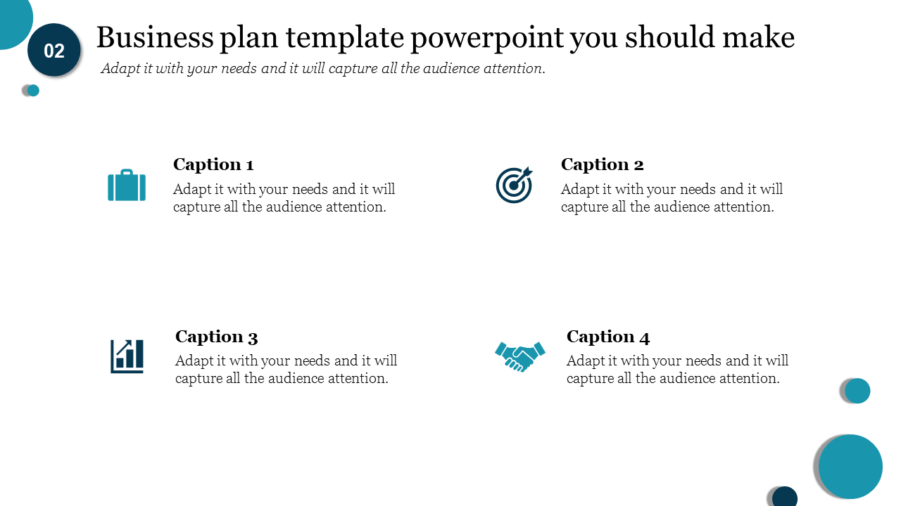 Business plan PowerPoint with icons for business, goals, analysis, and partnership with captions.