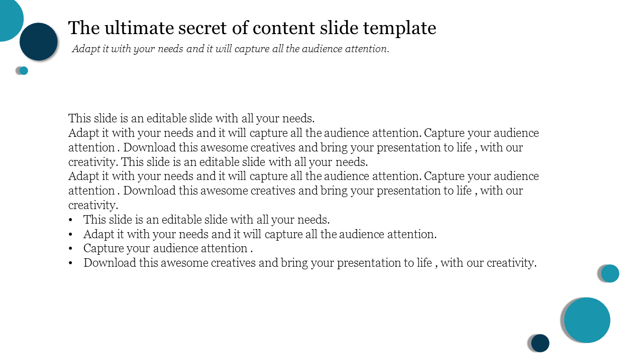 Simple slide layout emphasizing textual information and decorative blue dots on a white background.