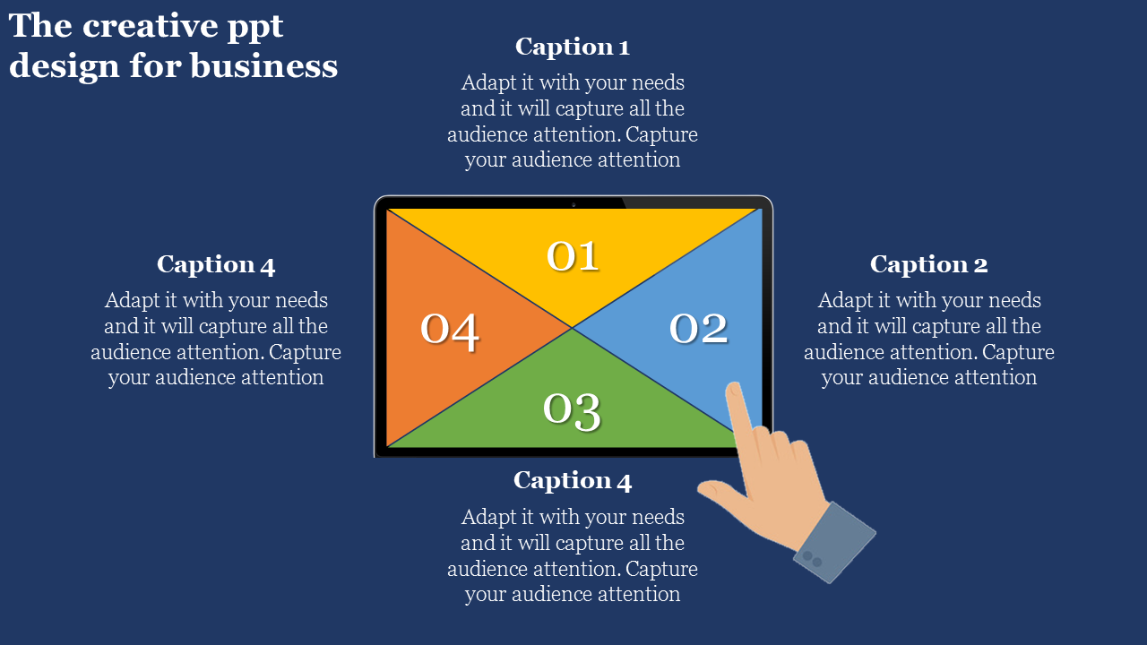 Interactive tablet design for business with four color sections in orange, blue, green, and yellow linked to captions areas.