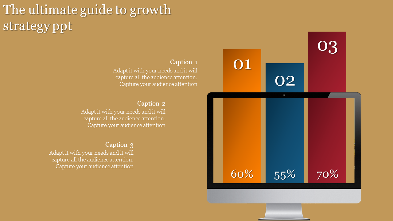 A bar graph with color-coded growth metrics inside a computer screen highlighting three levels of progress.