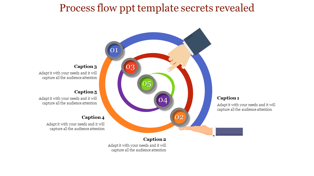 Process flow diagram with concentric circles in blue, orange, purple, red, and green, with numbered steps and captions.