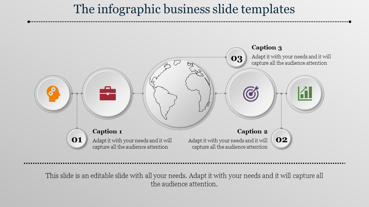 Infographic style business slide with icons for strategy, business tools, global network, targets, and growth with captions.