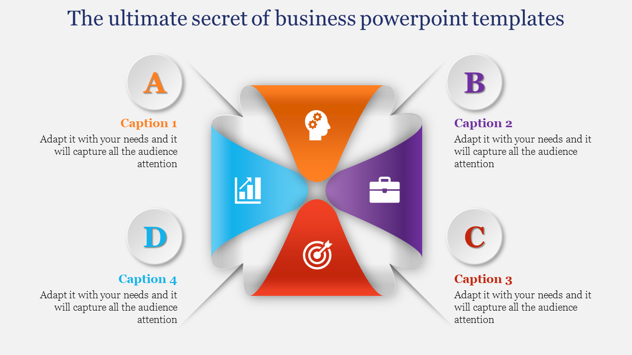 Business PPT template with four sections and icons for strategy, growth, business tools, and target goals with captions.