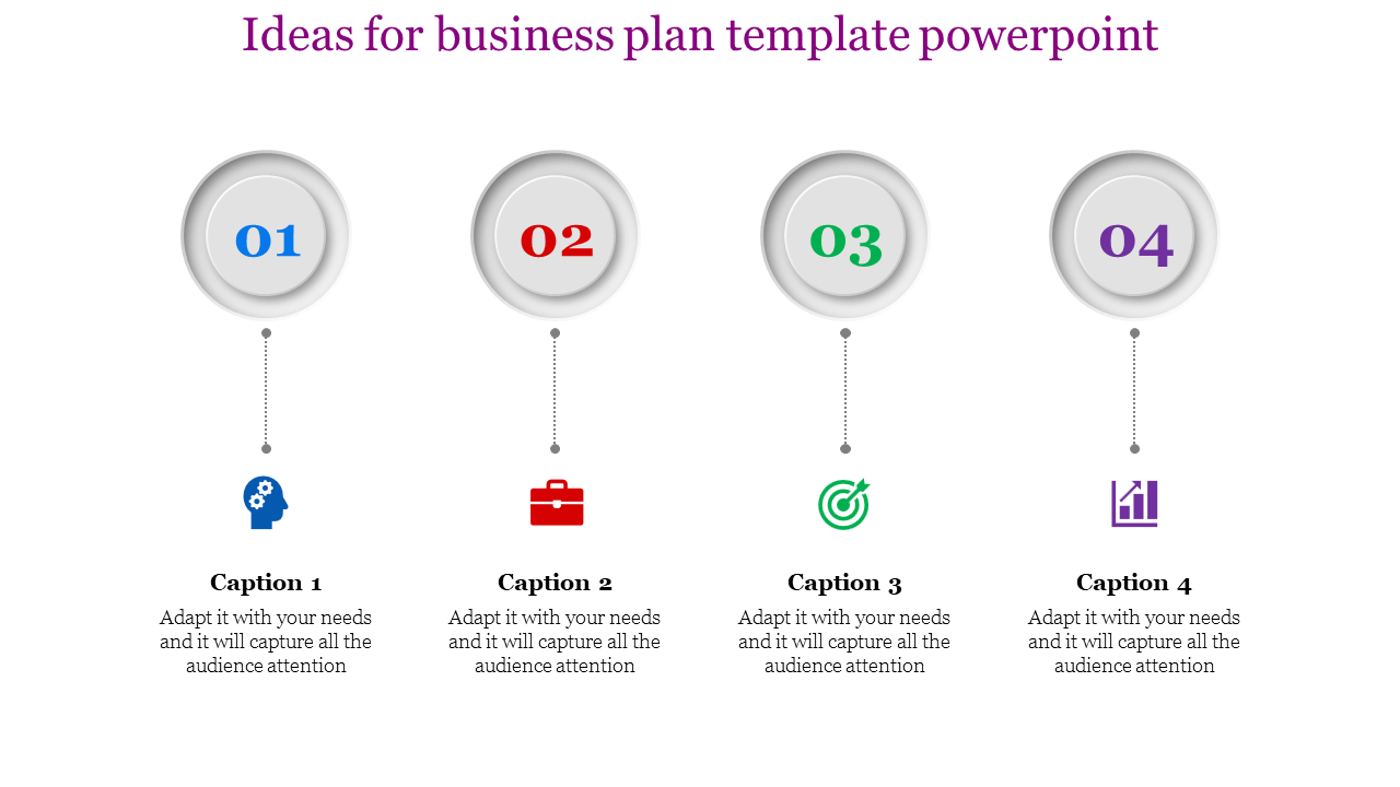 Business plan infographic with four numbered circular icons in blue, red, green, and purple, each linked to captions below.