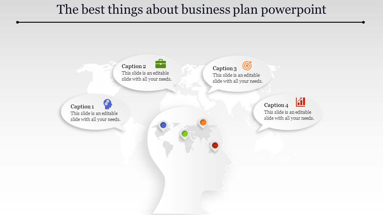 Business plan slide with a silhouette of a head, a world map and four caption connected to location markers.