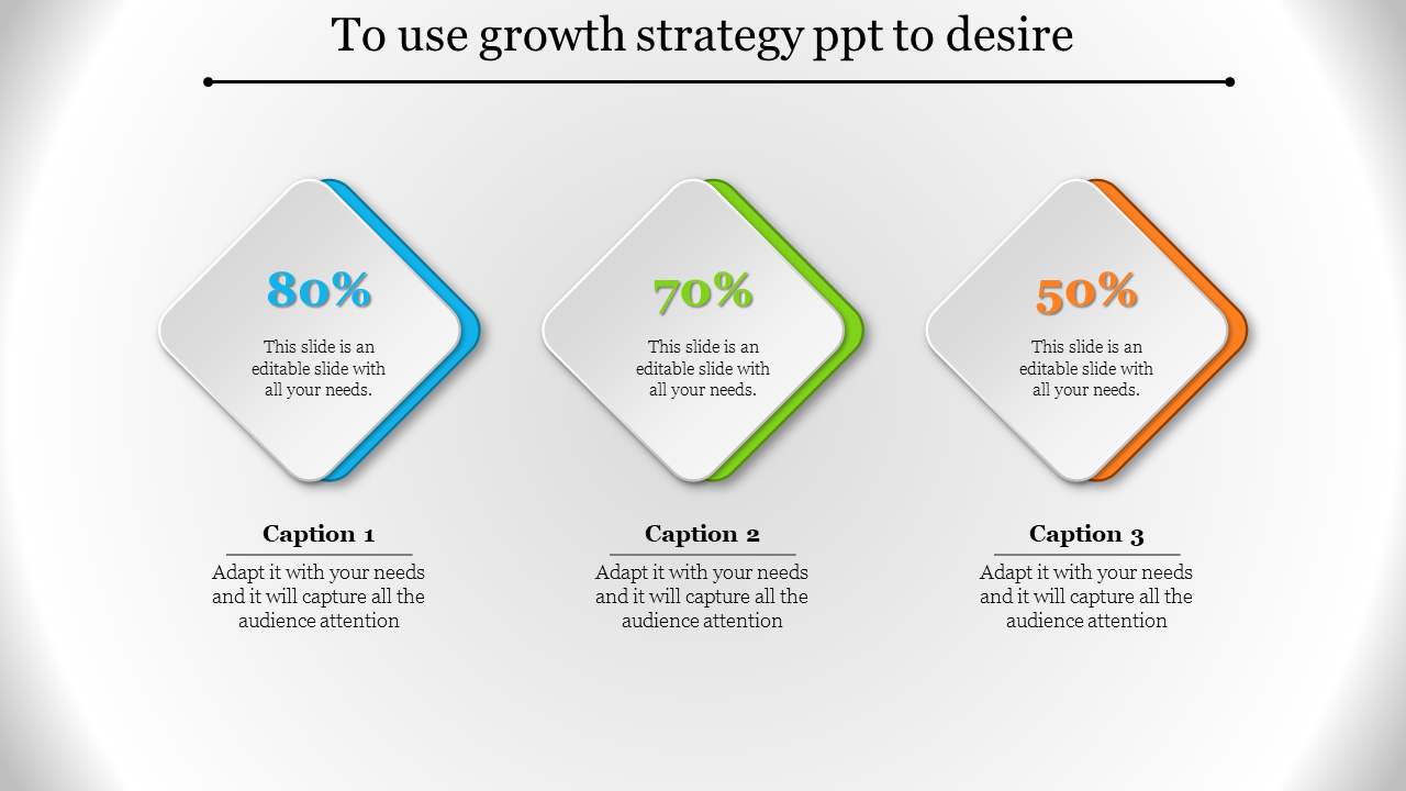 Growth strategy slide with diamond boxes showing 80%, 70%, and 50% in blue, green, and orange accents.