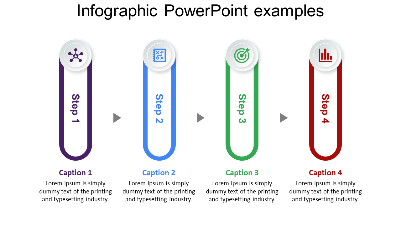 Four vertical infographic steps in purple, blue, green, and red with circular icons and captions below.