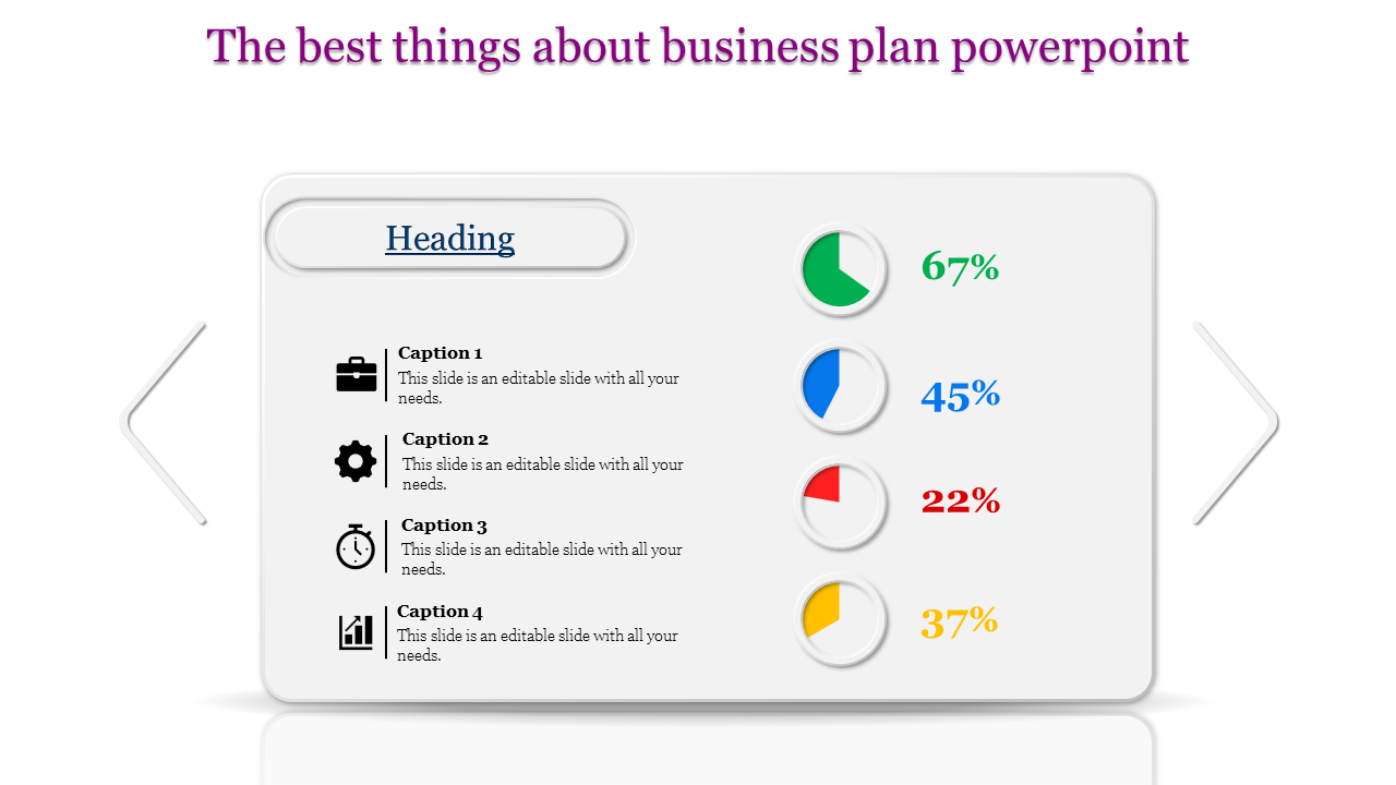 Slide with business captions and visual data represented by pie charts in green, blue, red, and yellow percentages.
