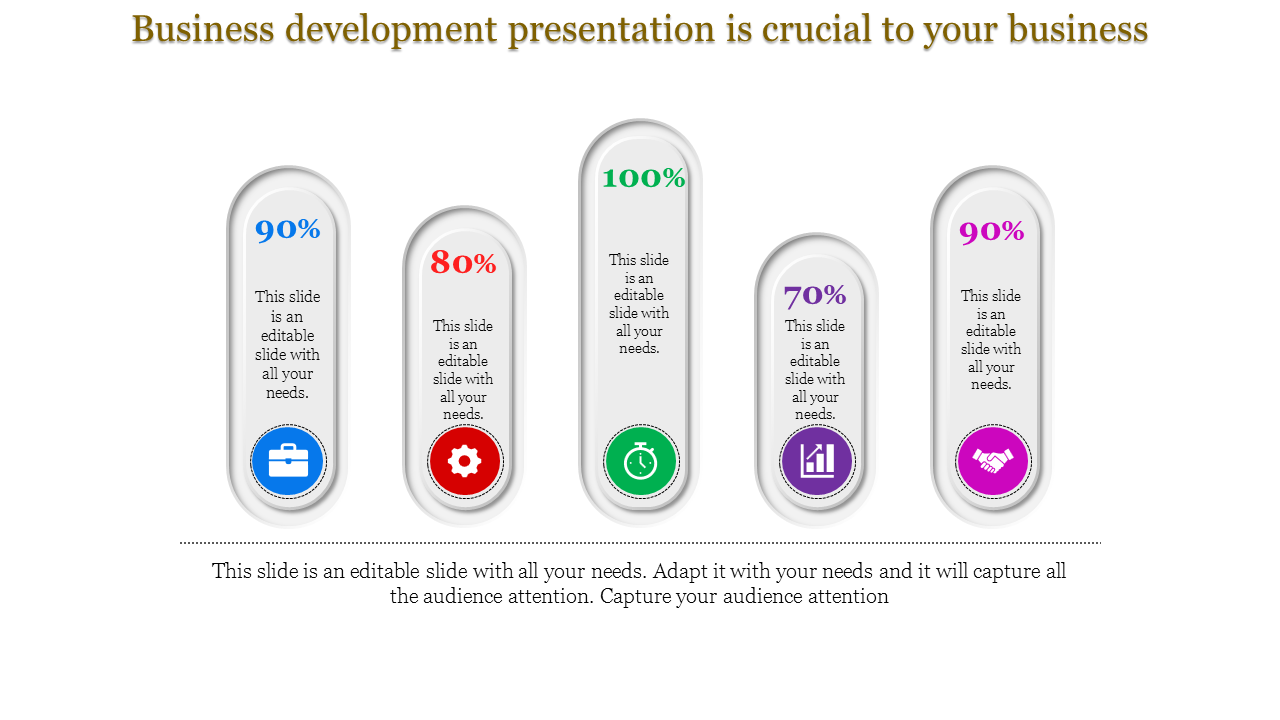Five elongated capsules with percentages and matching icons for business, process, growth, and collaboration.