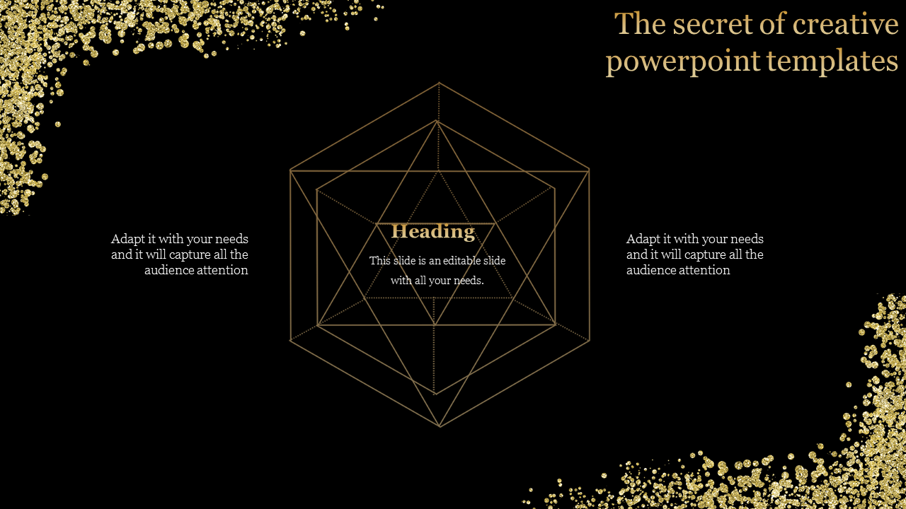 Elegant slide with a geometric gold polygonal design in the center, surrounded by gold glitter on a black background.