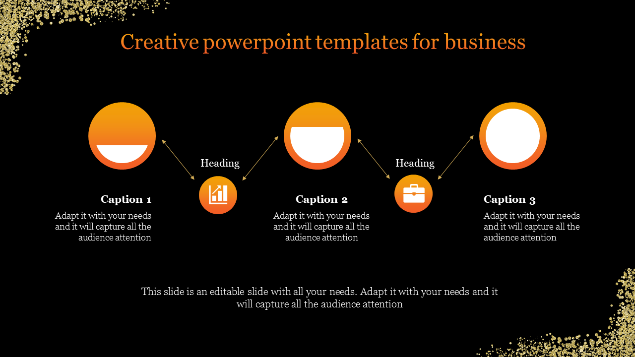 Creative slide with three orange circles, icons for chart, briefcase, and document with captions on a dark backdrop.