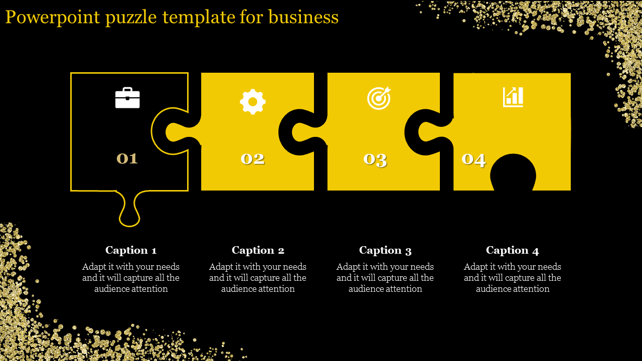 Puzzle themed business slide with four yellow puzzle pieces, icons, and captions on a black background with gold accents.