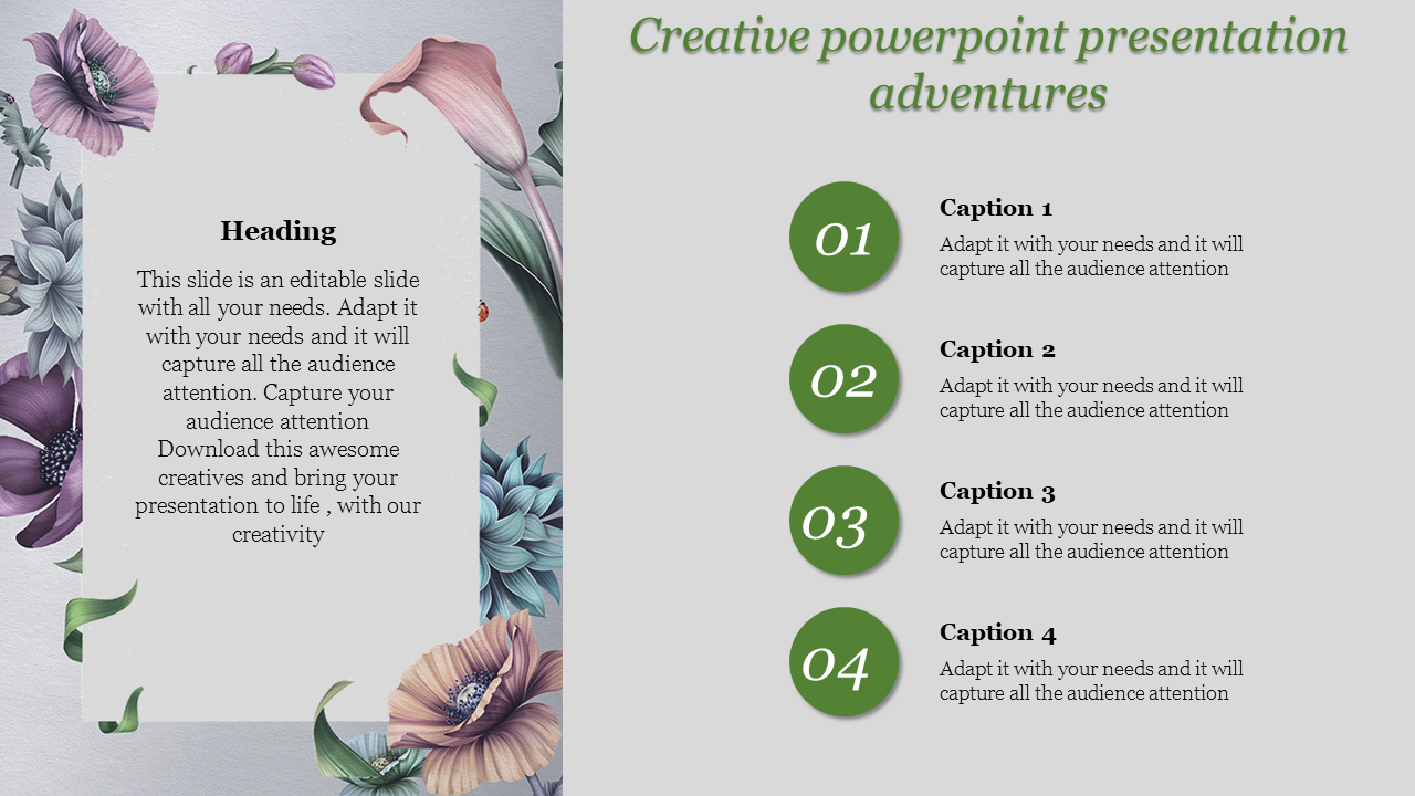 Creative design template with decorative flowers surrounding text content on the left and four green circular caption areas.