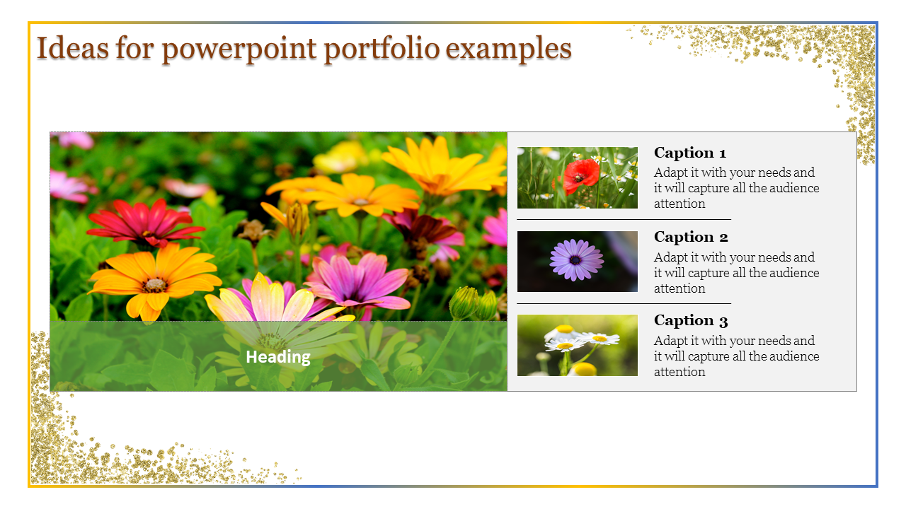 Colorful floral arrangement with three text boxes and small flower images on the right framed in gold speckled border.
