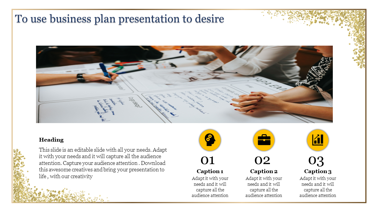 Business plan slide shows a team brainstorming with text and three icons for categories like strategy, business, and growth.