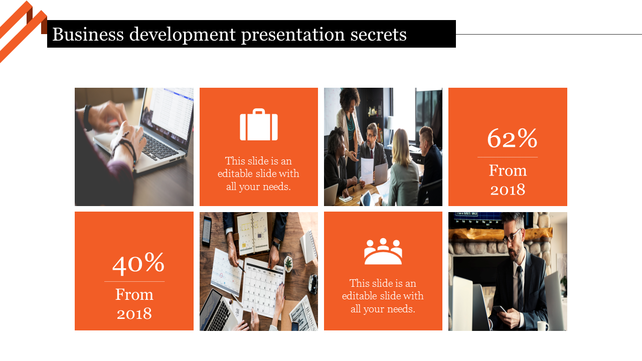 Slide showing business development with images of work on laptops, a briefcase, team collaboration, and two percentage.