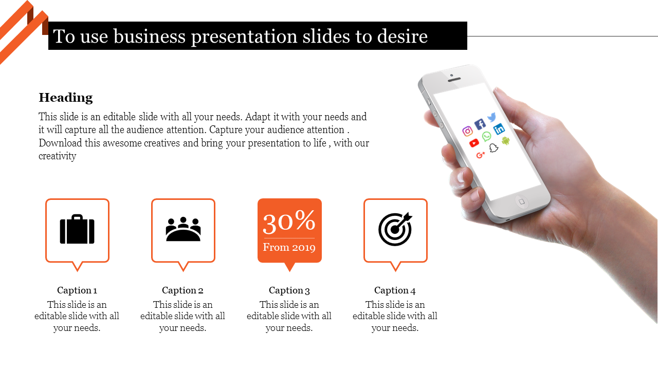 Business slide with a smartphone showing social media icons and four related caption areas sections.