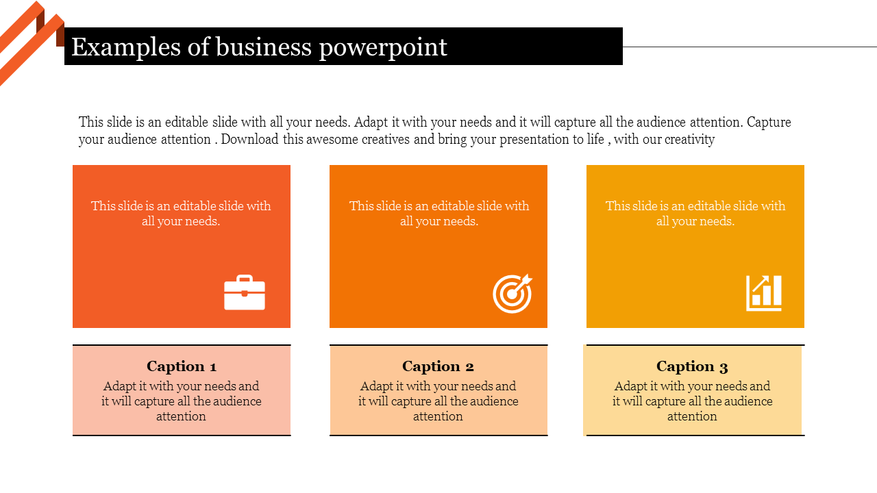 Business template slide featuring three sections with business icons, with space for custom captions areas.