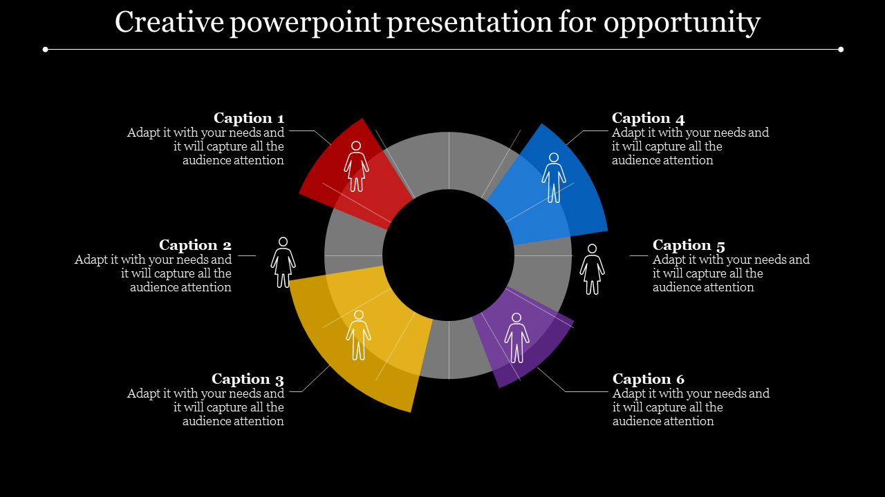 Creative opportunity-themed circular chart with six color-coded segments, individual icons, and captions areas.