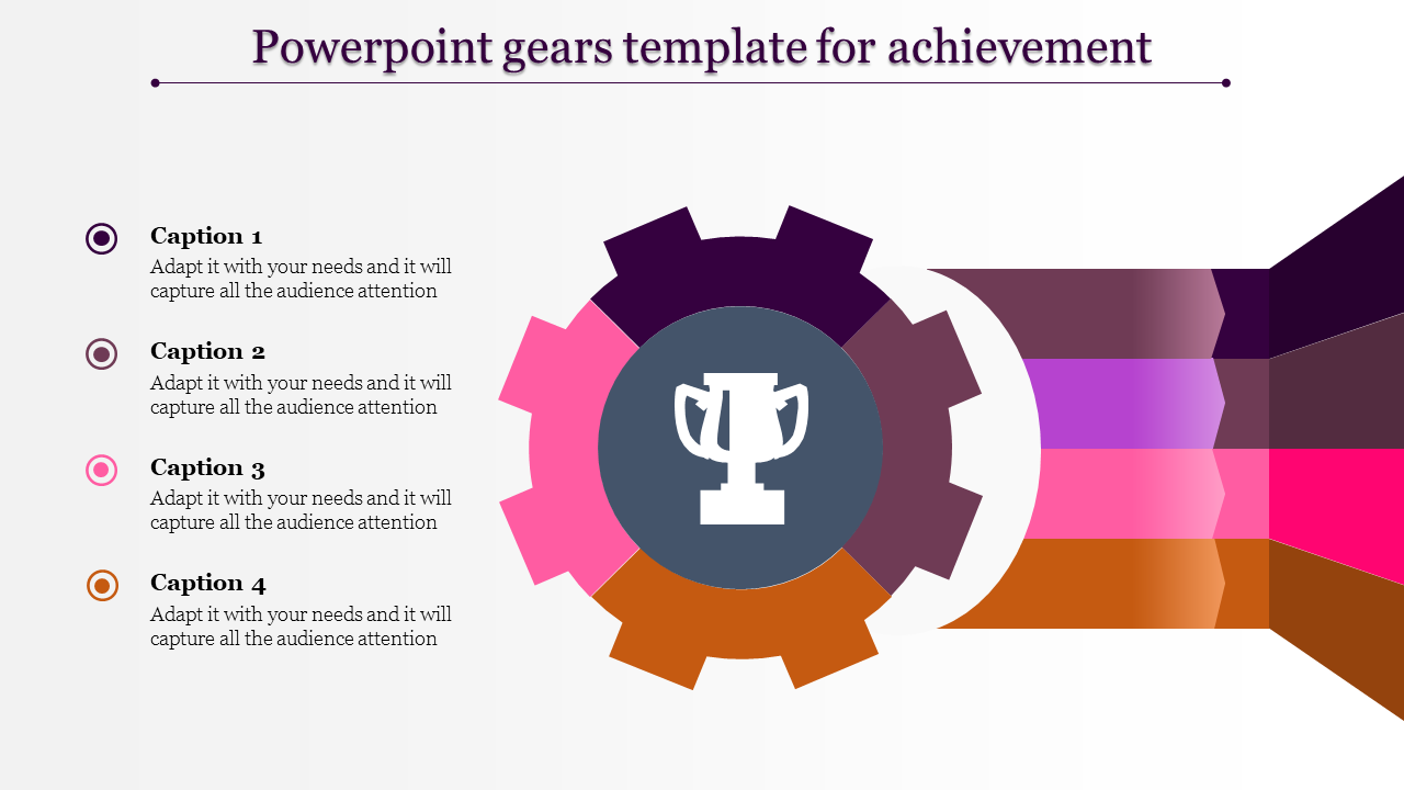 Gear-shaped infographic with a central trophy icon, colorful gradient sections, and four placeholder text areas.