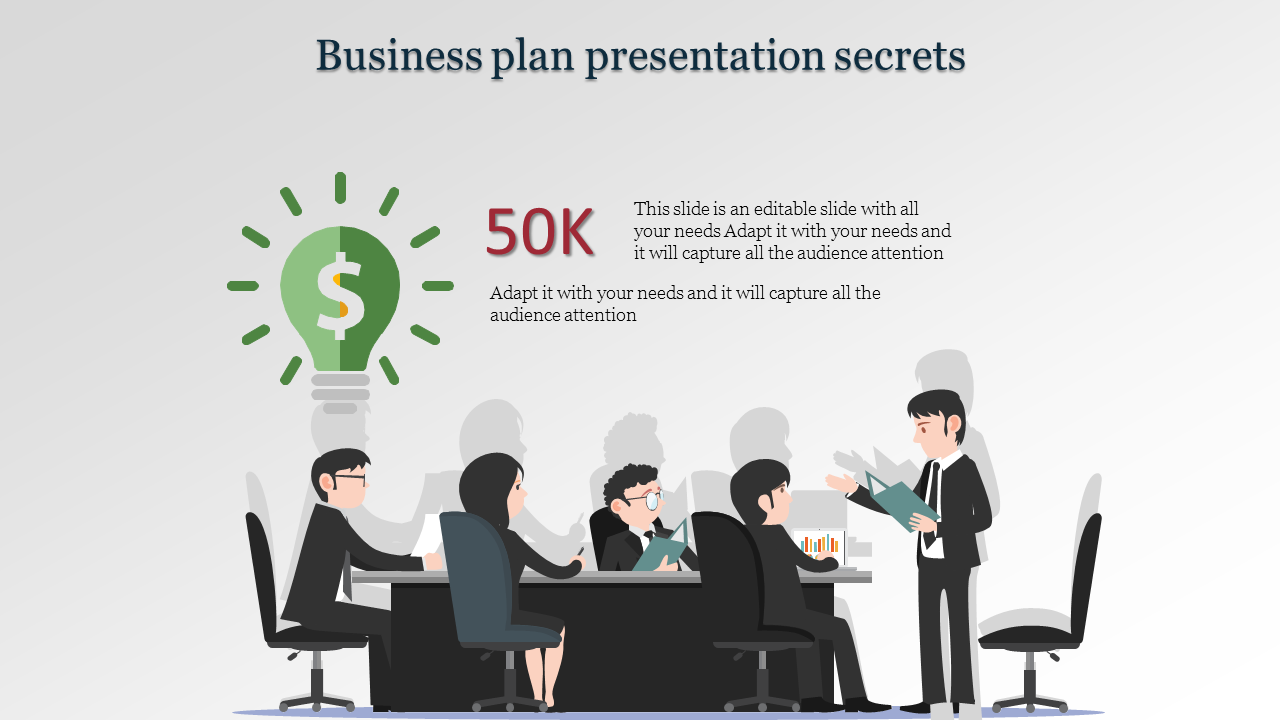 Business meeting with seated professionals and a presenter, featuring a green light bulb with a dollar symbol.