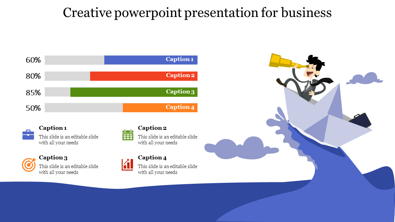 Creative business infographic with percentage bars, icons, and an illustration of a businessman on a blue wave.