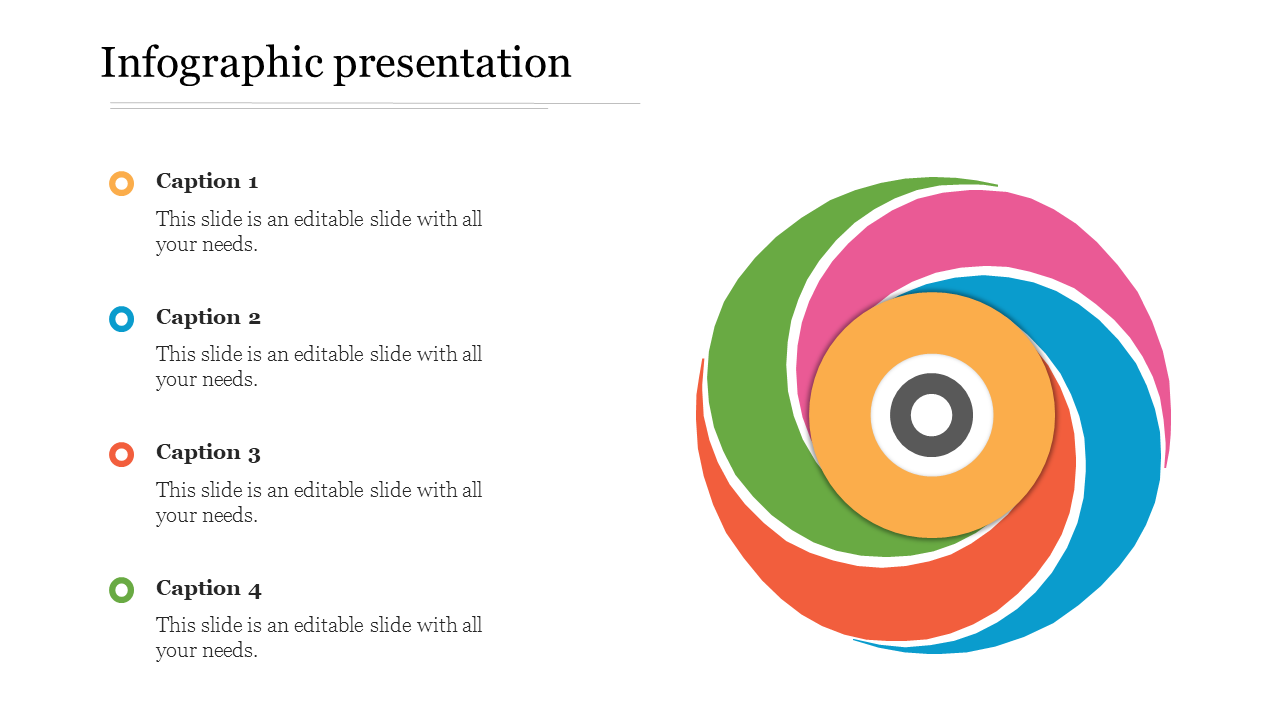 Vibrant infographic design featuring a spiral shape with four segments, each representing a different element with captions.