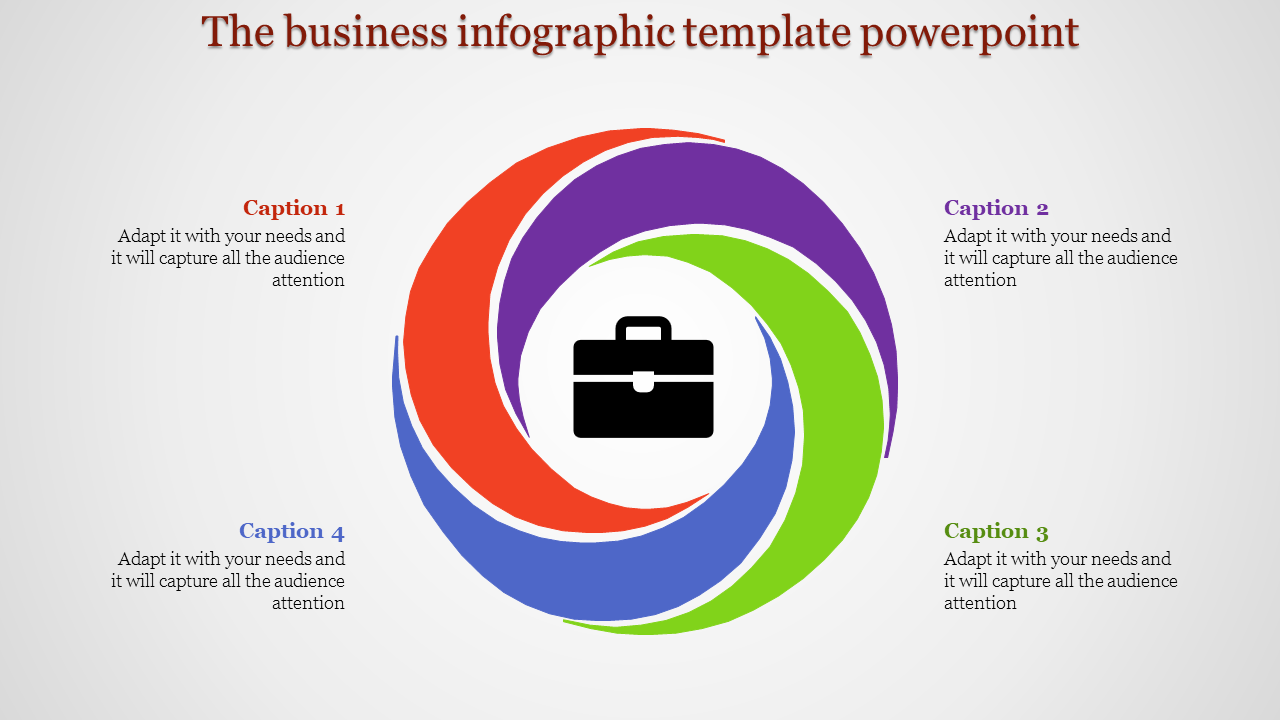 Business infographic PowerPoint template featuring a rotating design with a briefcase icon at the center with captions.