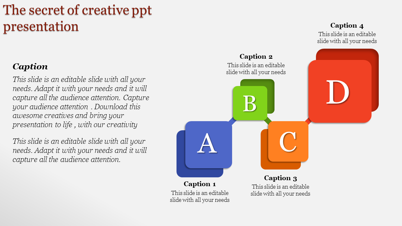 Four colorful interlinked squares labeled A, B, C, D in blue, green, orange, and red, forming a dynamic flow layout.