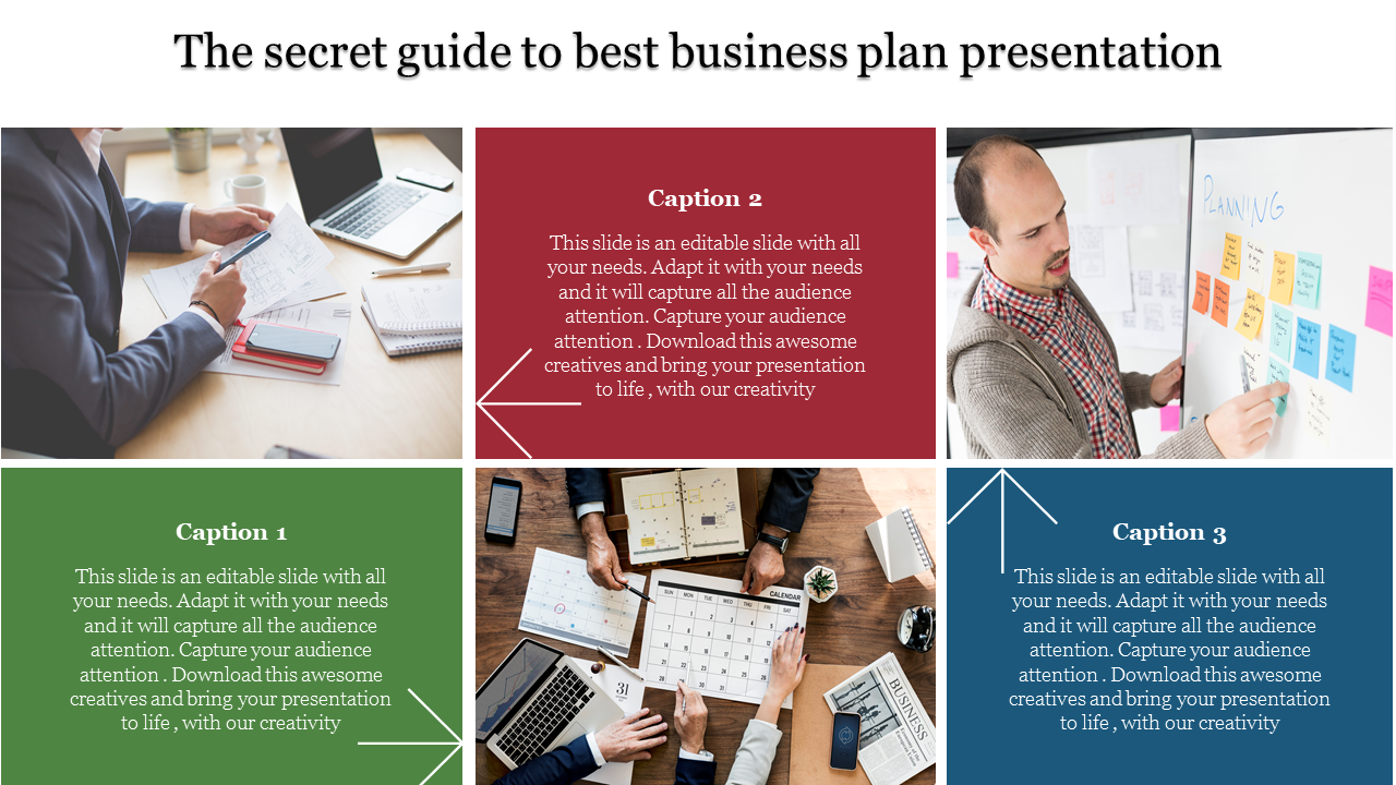 Business plan presentation slide showing professionals at work with captions for content.