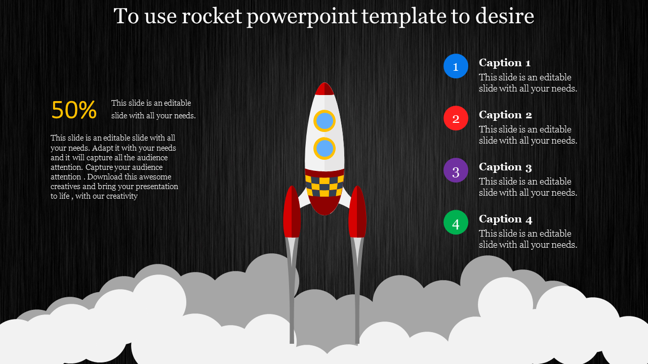 Rocket illustration with smoke on a textured dark background, with percentage text and four numbered captions.