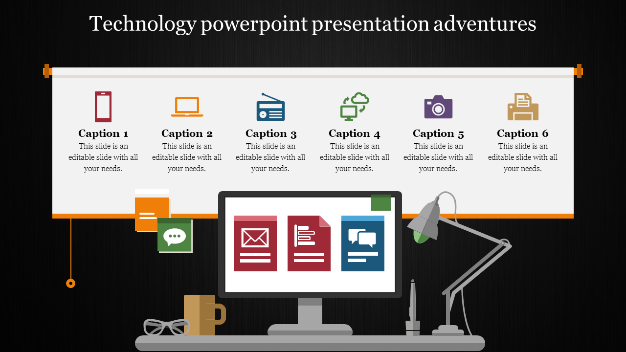 Technology themed infographic with six captions and icons above a desk setup featuring a computer monitor and lamp.