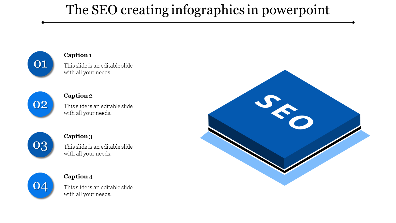 Slide featuring a bold blue SEO block on the right, paired with four numbered steps and captions aligned on the left.
