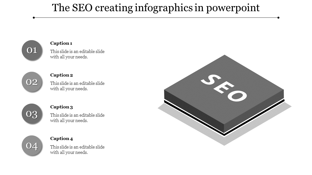Monochrome SEO slide featuring a 3D book illustration on the right and four numbered sections on the left.