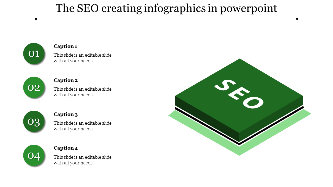 SEO themed PowerPoint template with a green book icon displaying the word SEO and four captions.