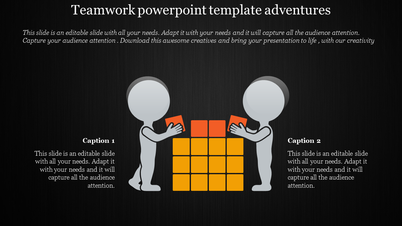 Illustration of two characters building a structure with orange and yellow blocks, with captions on a dark background.