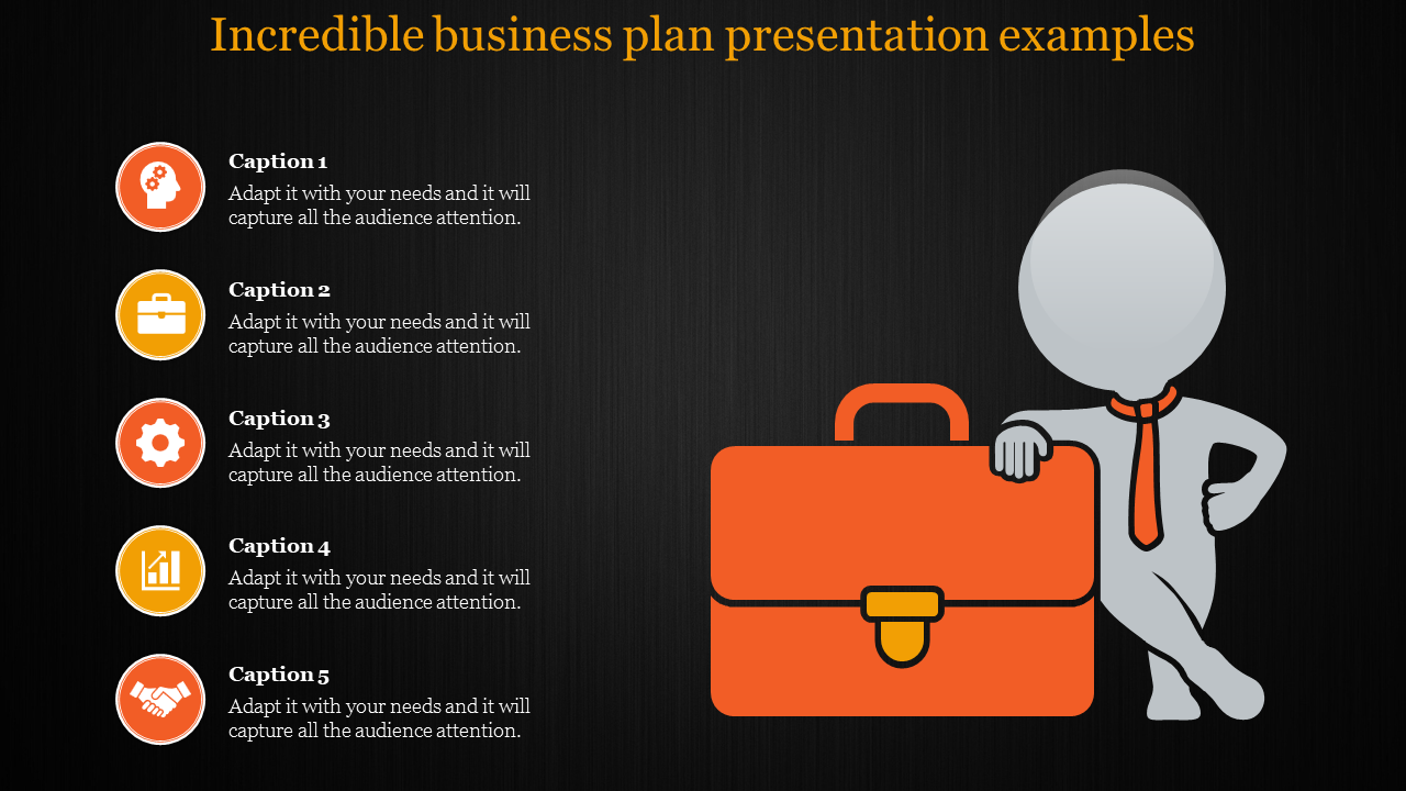 Business template with a cartoon figure leaning on an orange briefcase and five icons with captions on a dark background.