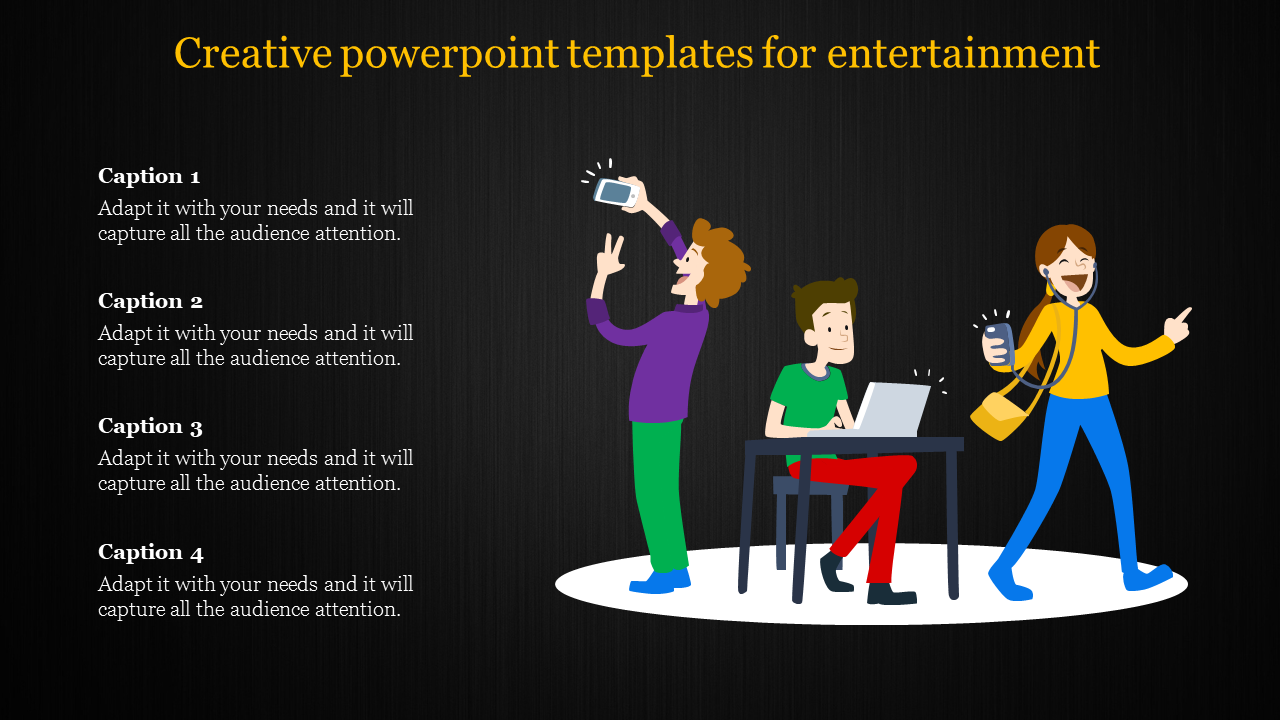 Creative design with three figures symbolizing entertainment through photography, laptop use, and music with caption areas.