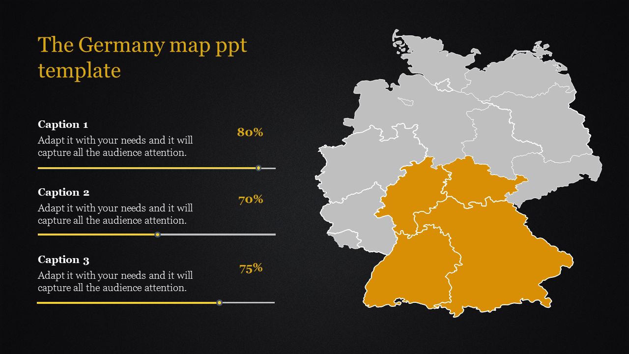 PPT template showing a map of Germany with a highlighted region and percentage progress bars with captions.