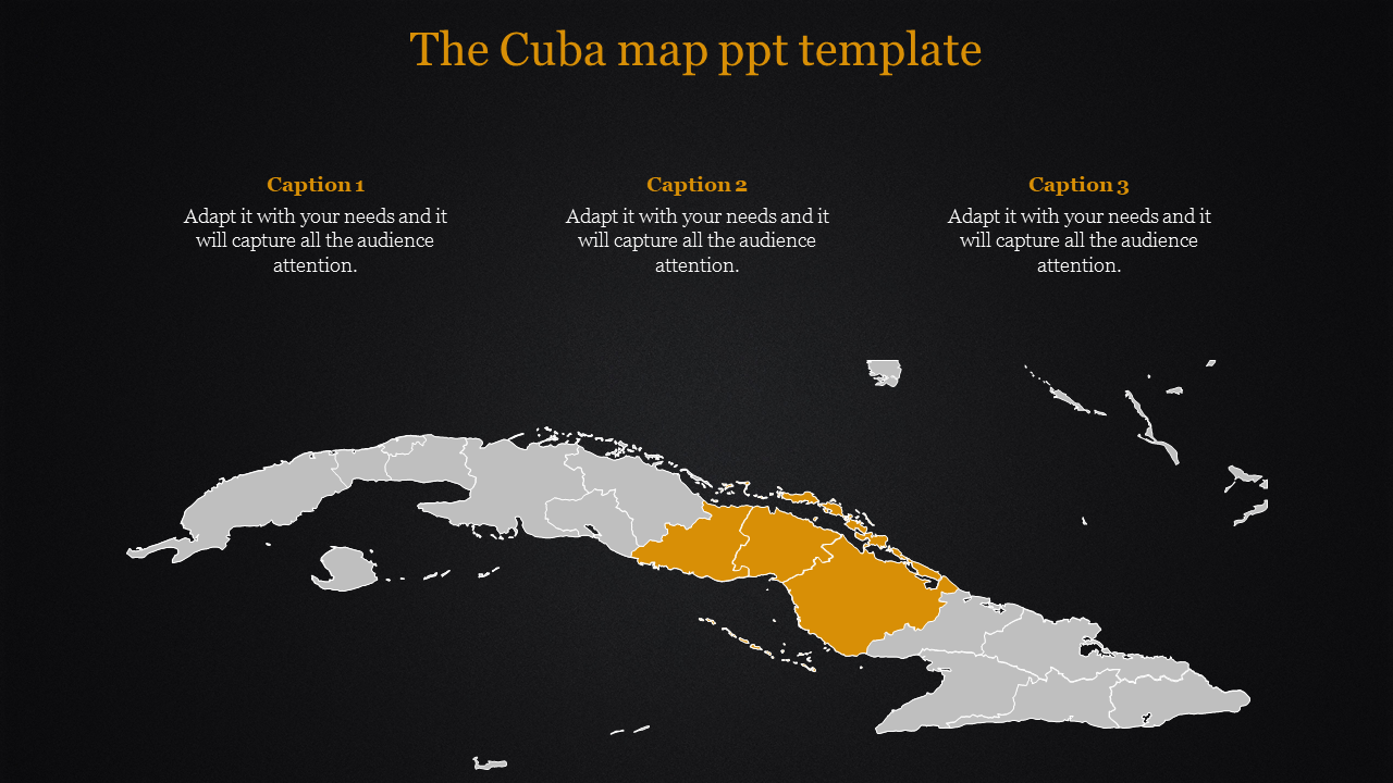 Dark-themed map of Cuba with highlighted central area and captions on top for additional details.