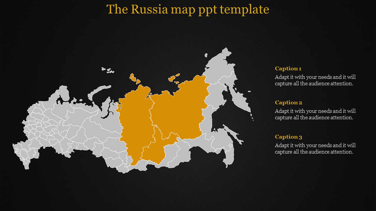 Russia map with the highlighted region in orange, covering the central and eastern areas placed in a dark background.